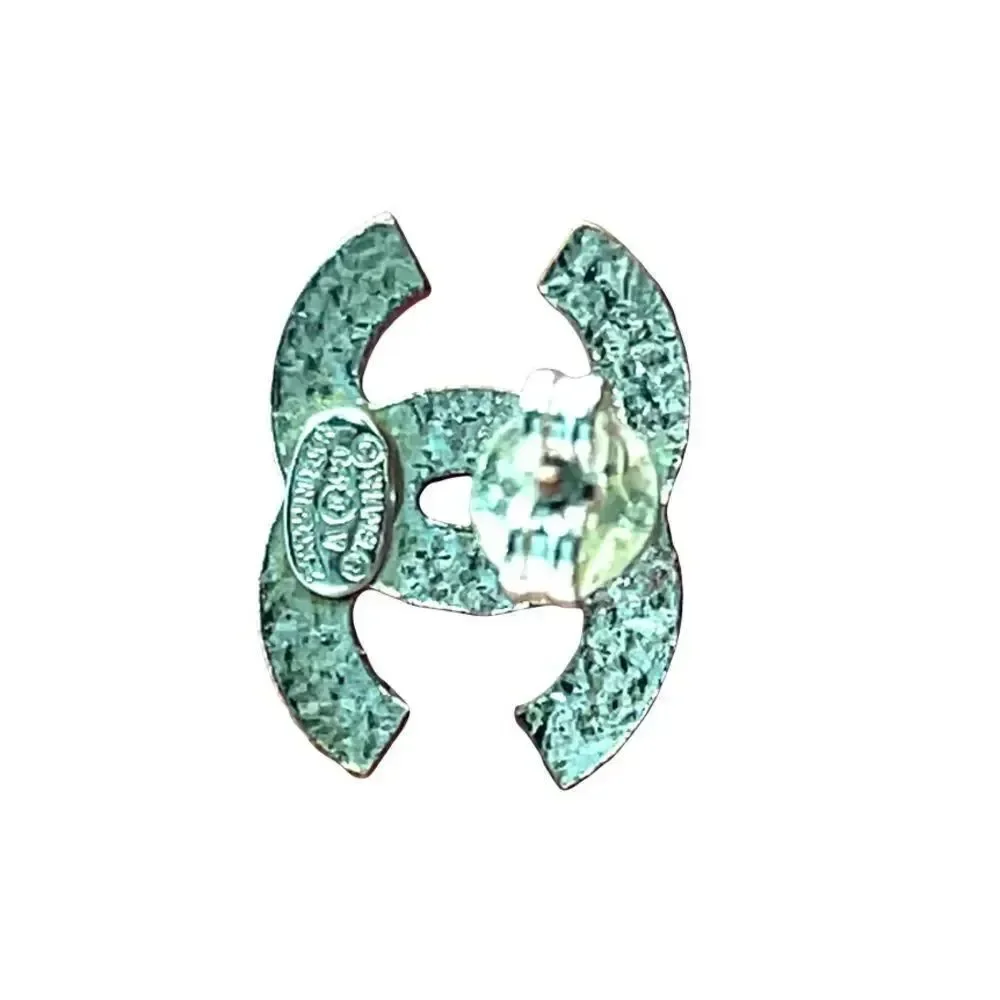 CHANEL CC Logos Rhinestone Stud Earrings Silver Tone
